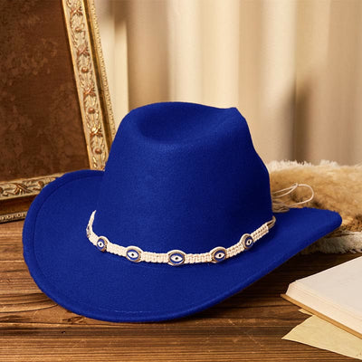 Men's Evil Eye White Knitted Brim Belt Cowboy Hat - Royal Blue - M (22"-22 7/8") - image 10