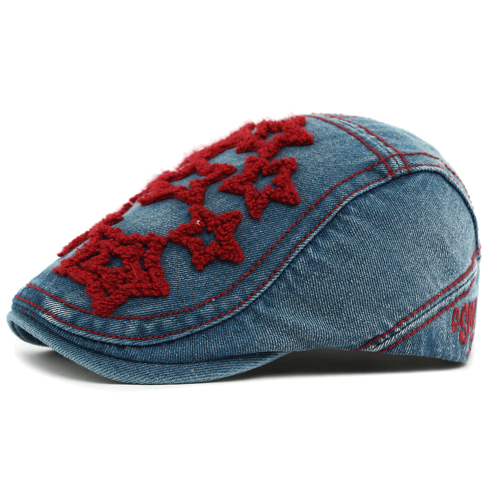 Denim Star Embroidered Men's Flat Hat - Burgundy - Adjustable(21 5/8"-23 1/4") - image 0
