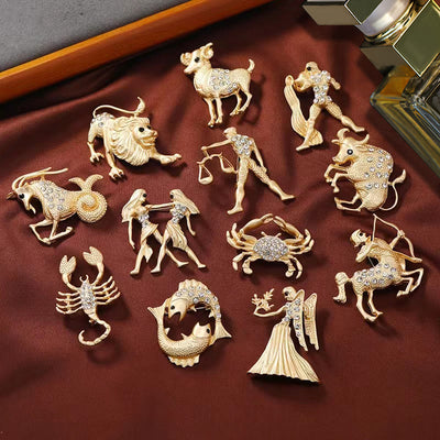 Zodiac Sign Diamond-Embellished Gold Brooch - image 0