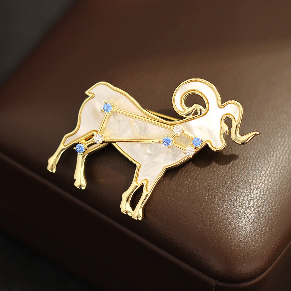 Aries Zodiac Mother-of-Pearl & Blue Crystal Gold Brooch - image 1