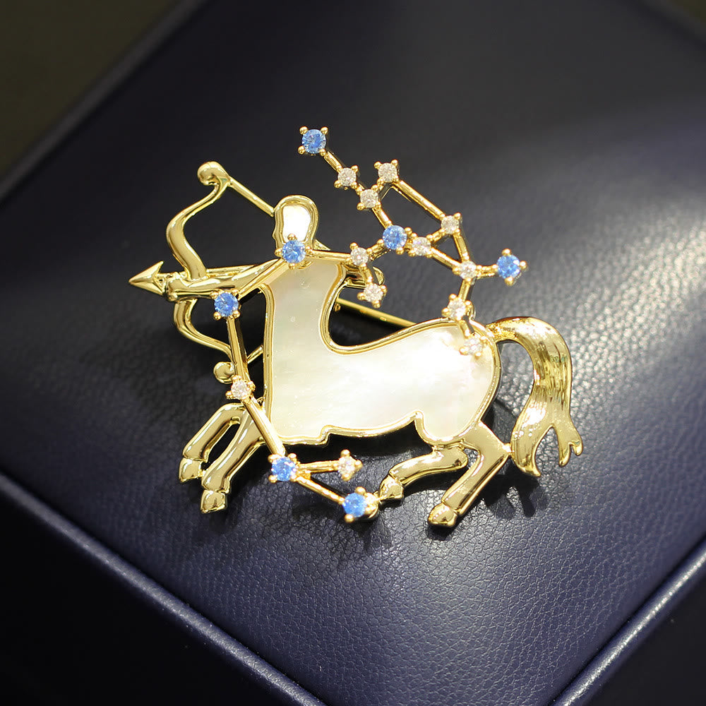 Aries Zodiac Mother-of-Pearl & Blue Crystal Gold Brooch - image 17