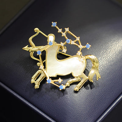 Aries Zodiac Mother-of-Pearl & Blue Crystal Gold Brooch - image 17