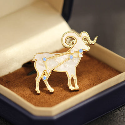 Aries Zodiac Mother-of-Pearl & Blue Crystal Gold Brooch - Aries - image 0
