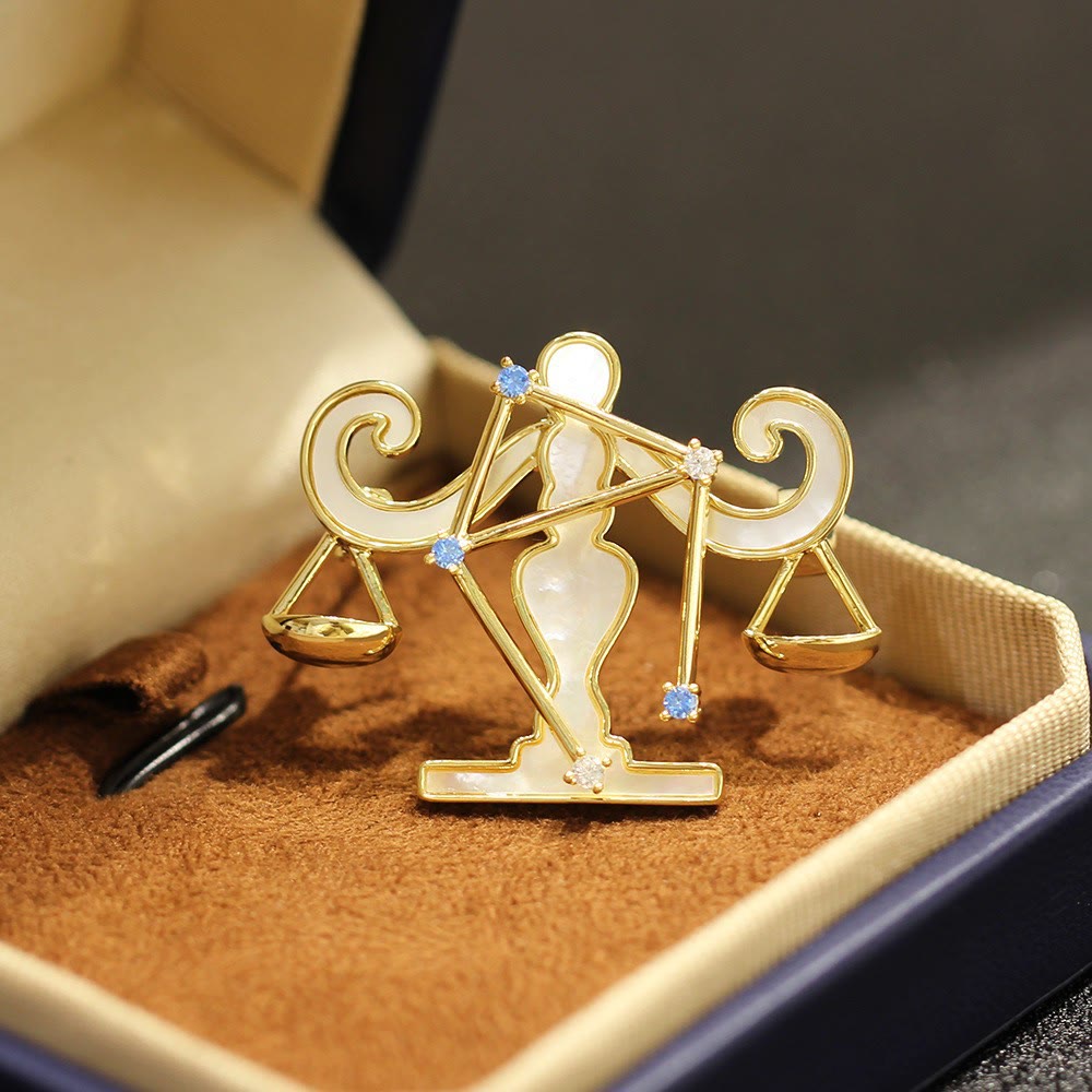 Aries Zodiac Mother-of-Pearl & Blue Crystal Gold Brooch - Libra - image 12