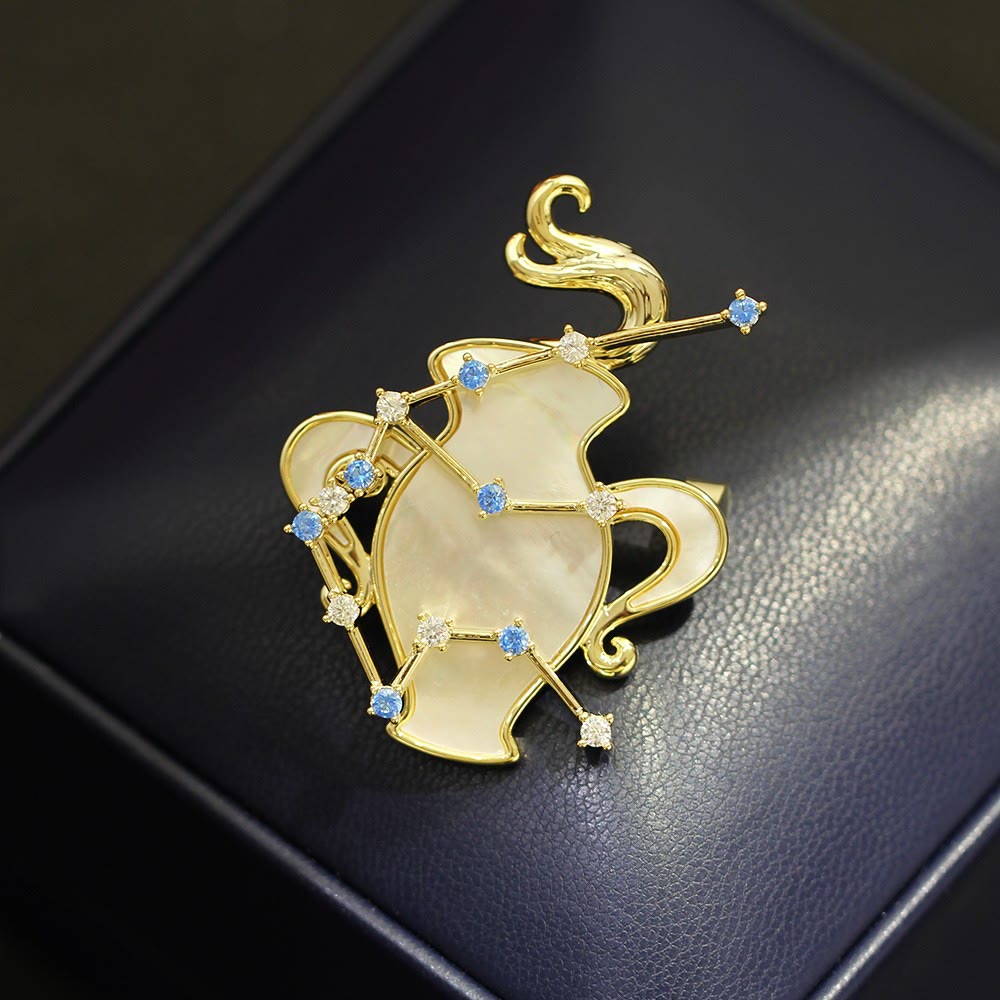 Aries Zodiac Mother-of-Pearl & Blue Crystal Gold Brooch - image 20