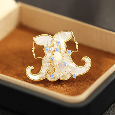 Aries Zodiac Mother-of-Pearl & Blue Crystal Gold Brooch - Gemini - image 4