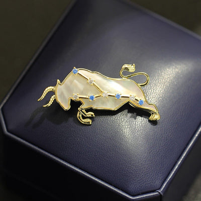 Aries Zodiac Mother-of-Pearl & Blue Crystal Gold Brooch - image 3