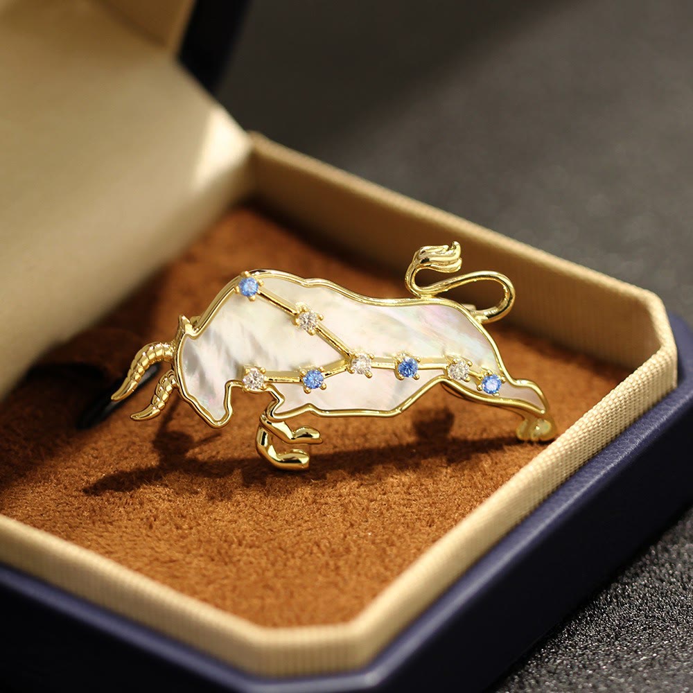 Aries Zodiac Mother-of-Pearl & Blue Crystal Gold Brooch - Taurus - image 2