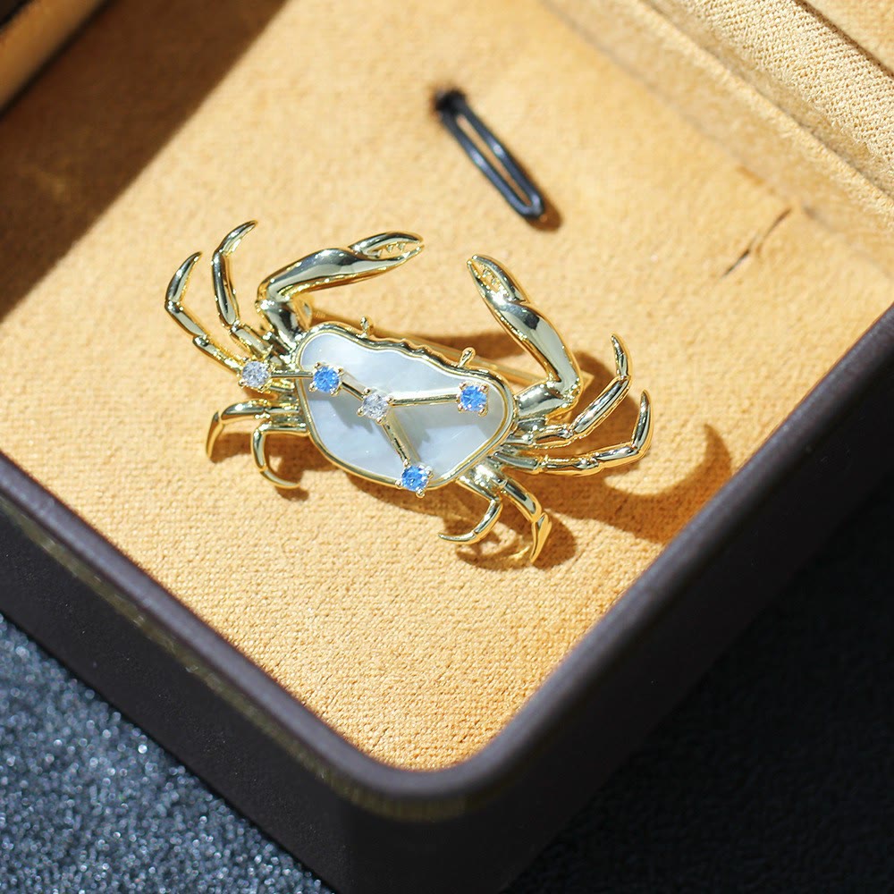 Aries Zodiac Mother-of-Pearl & Blue Crystal Gold Brooch - image 7