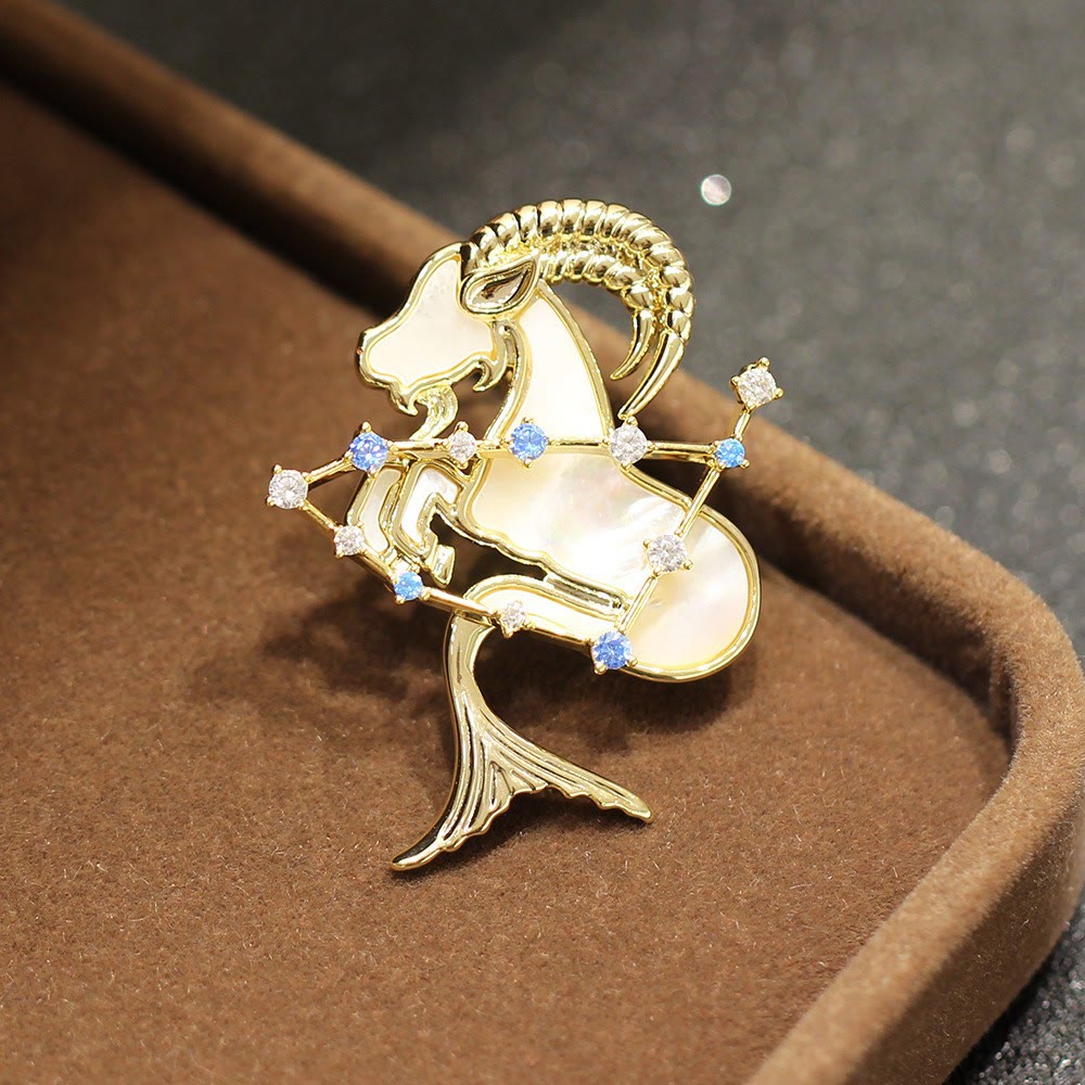 Aries Zodiac Mother-of-Pearl & Blue Crystal Gold Brooch - Capricorn - image 18