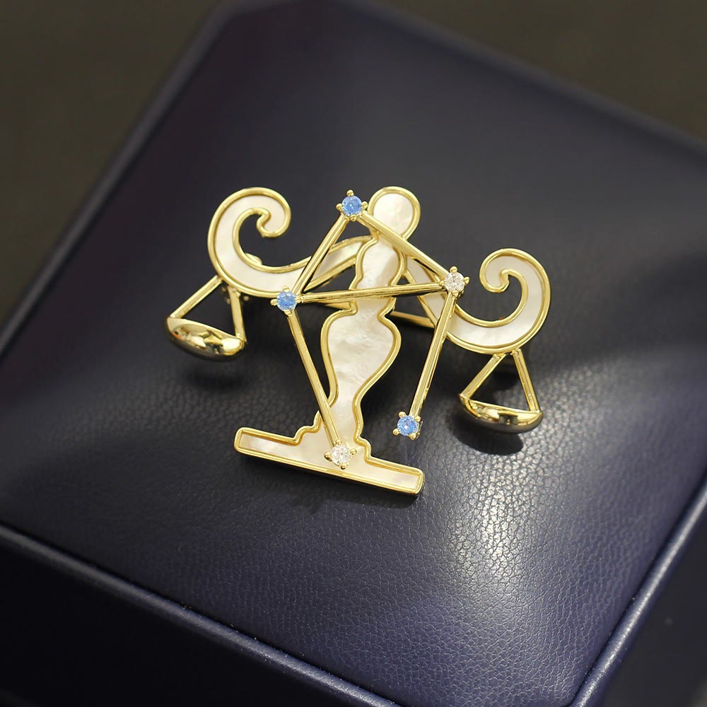 Aries Zodiac Mother-of-Pearl & Blue Crystal Gold Brooch - image 13