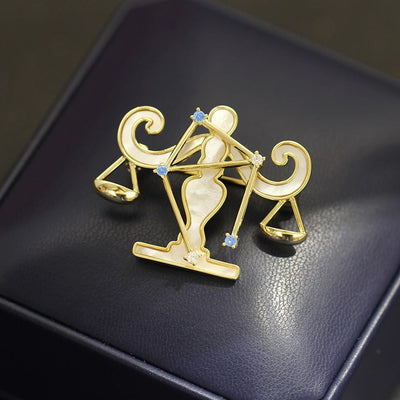 Aries Zodiac Mother-of-Pearl & Blue Crystal Gold Brooch - image 13