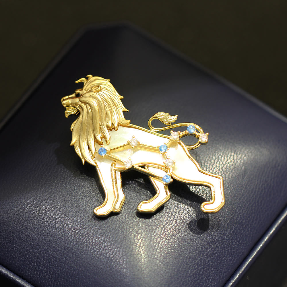 Aries Zodiac Mother-of-Pearl & Blue Crystal Gold Brooch - image 9