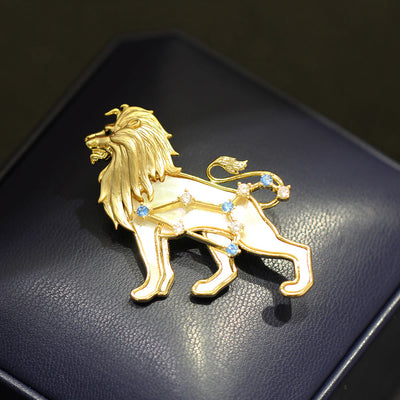 Aries Zodiac Mother-of-Pearl & Blue Crystal Gold Brooch - image 9