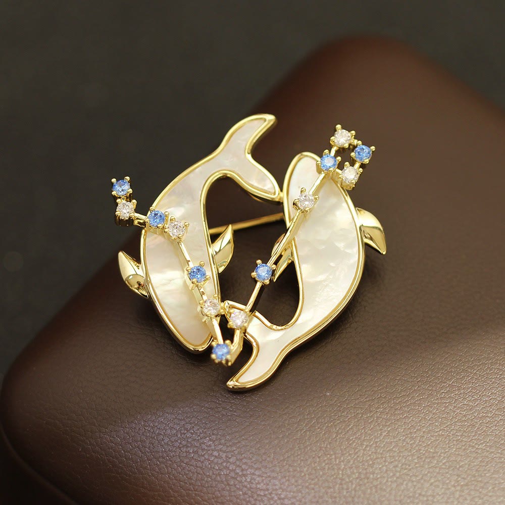 Aries Zodiac Mother-of-Pearl & Blue Crystal Gold Brooch - image 22