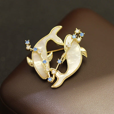 Aries Zodiac Mother-of-Pearl & Blue Crystal Gold Brooch - image 22