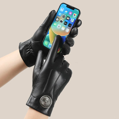 Men's Black Vintage Metal Emblem Genuine Leather Gloves - image 2