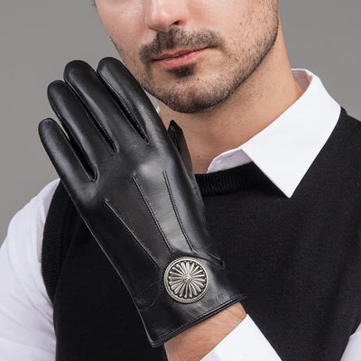 Men's Black Vintage Metal Emblem Genuine Leather Gloves - image 9