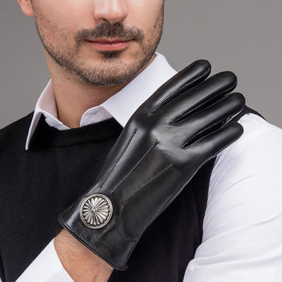 Men's Black Vintage Metal Emblem Genuine Leather Gloves - image 8