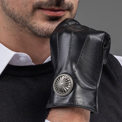 Men's Black Vintage Metal Emblem Genuine Leather Gloves - image 1