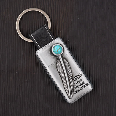 Turquoise Feather Inflatable Butane Lighter Keychain - Antique Silver - image 4