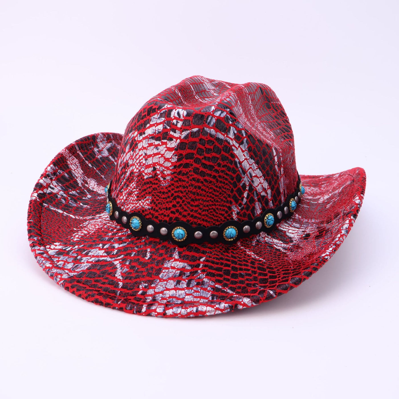 Men's Turquoise Black Belt Crocodile Pattern Cowboy Hat - Wine - M (22"-22 7/8") - image 5