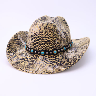 Men's Turquoise Black Belt Crocodile Pattern Cowboy Hat - Yellow - M (22"-22 7/8") - image 8