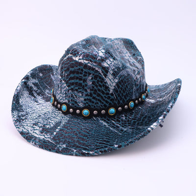 Men's Turquoise Black Belt Crocodile Pattern Cowboy Hat - Green - M (22"-22 7/8") - image 6