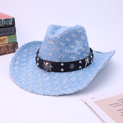 Men's Silver Skull Black Belt Ripped Cowboy Hat - Light Blue - M (22"-22 7/8") - image 1