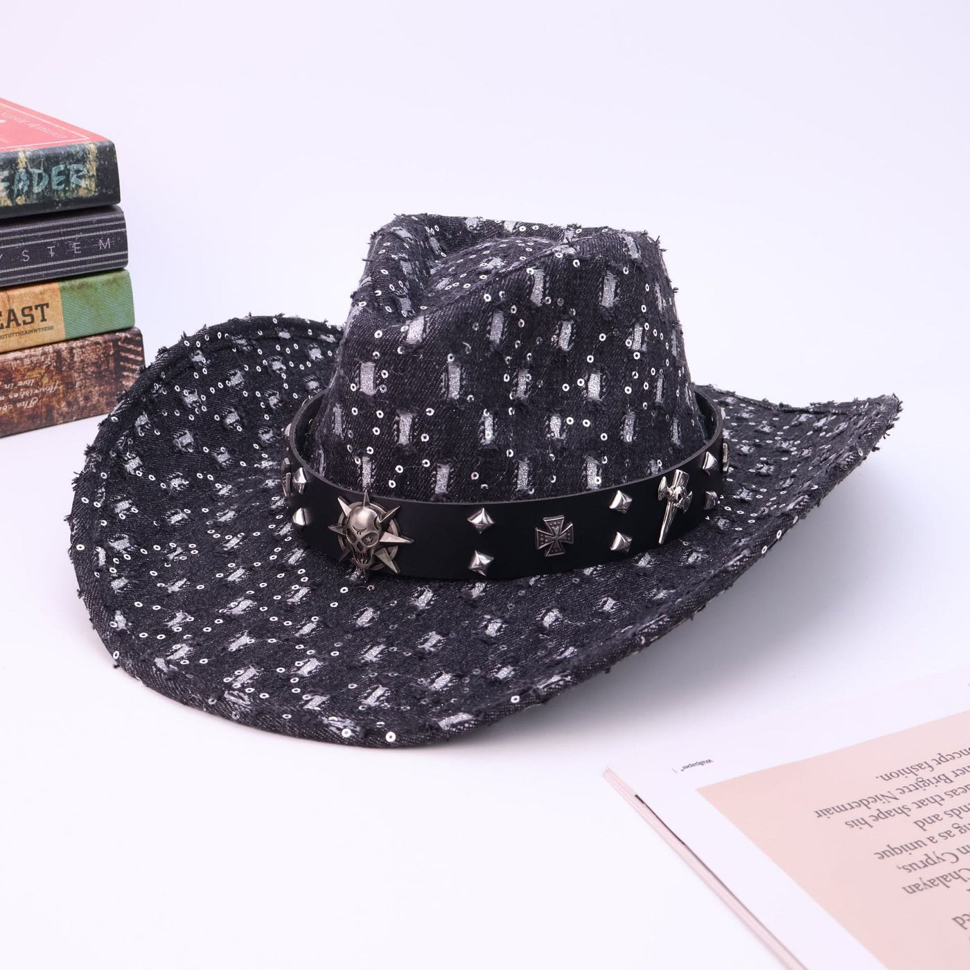 Men's Silver Skull Black Belt Ripped Cowboy Hat - Black - M (22"-22 7/8") - image 6