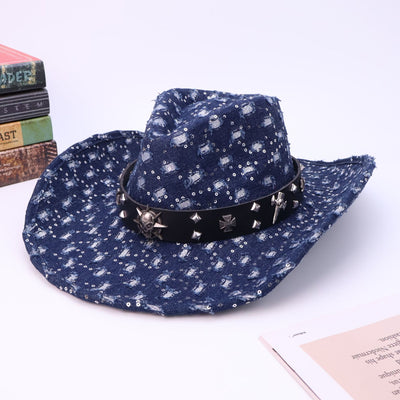 Men's Silver Skull Black Belt Ripped Cowboy Hat - Navy Blue - M (22"-22 7/8") - image 5