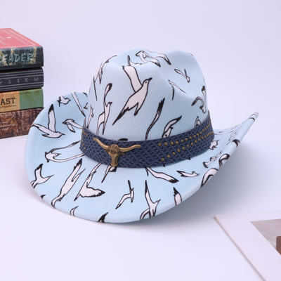 Men's Brass Bull Head Belt Bird Print Cowboy Hat - Light Blue - M (22"-22 7/8") - image 6