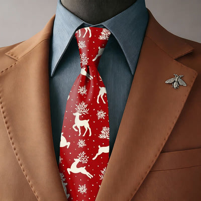 Men's Red Background White Reindeer & Snowflake Necktie - Necktie - image 0