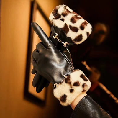Women's Fur-Look Leopard Print Leather Gloves - Camel - image 0