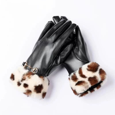 Women's Fur-Look Leopard Print Leather Gloves - Ivory - image 3