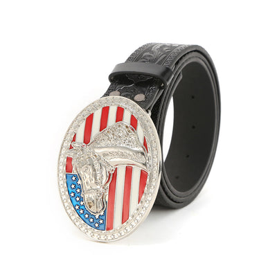 Men's Silver Horsehead Flag Buckle Black Embossed Belt - Silver Horsehead - 38 - image 0