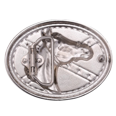 Men's Silver Horsehead Flag Buckle Black Embossed Belt - image 2