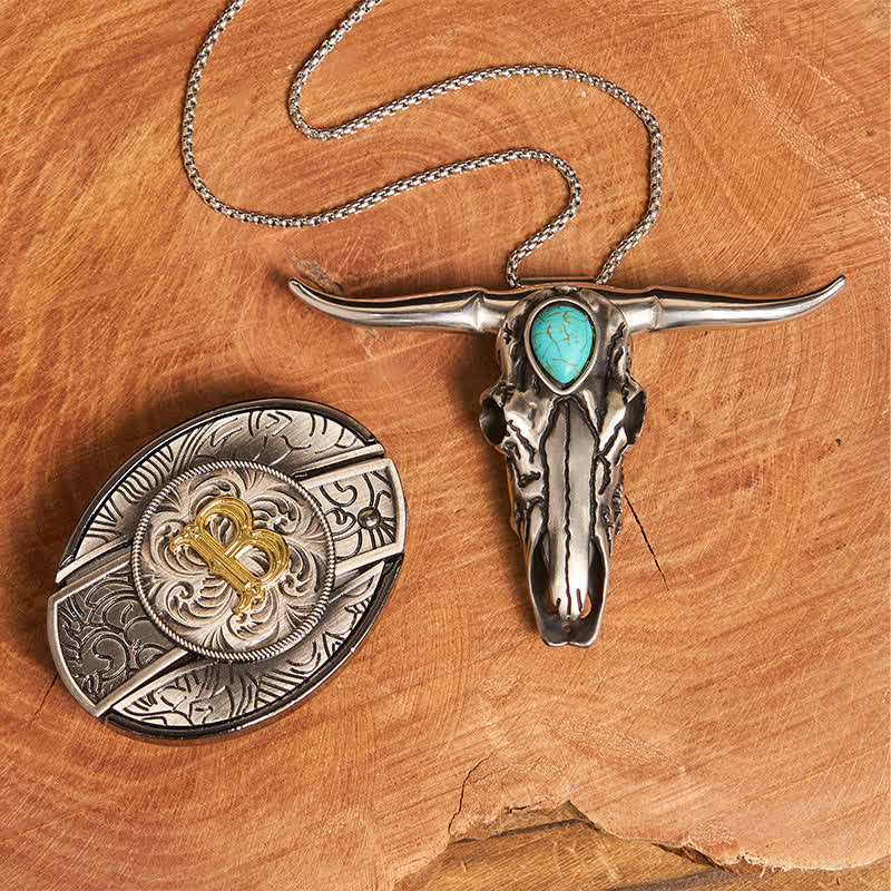 Initial Letter DIY Hidden Knife Buckle Turquoise Bull Pendant Bundle Set - B - Without Belt - image 0