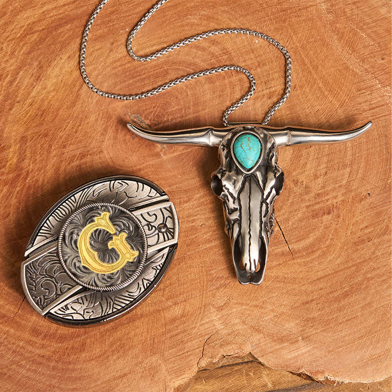 Initial Letter DIY Hidden Knife Buckle Turquoise Bull Pendant Bundle Set - G - Without Belt - image 13