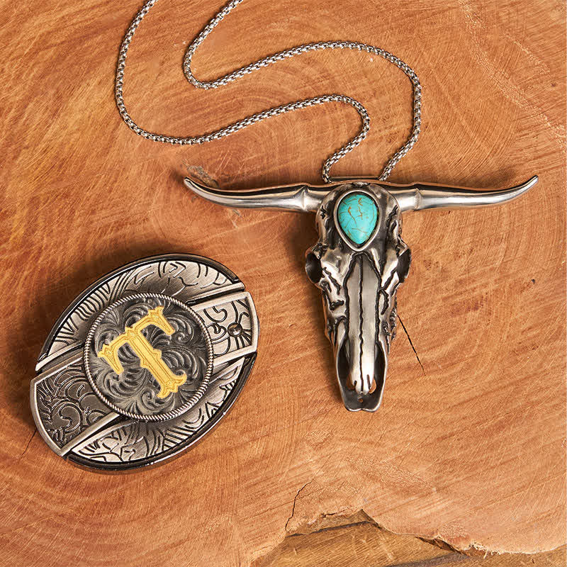 Initial Letter DIY Hidden Knife Buckle Turquoise Bull Pendant Bundle Set - T - Without Belt - image 26