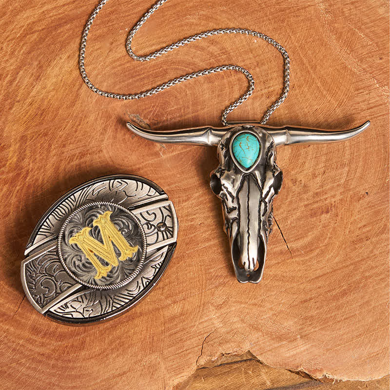 Initial Letter DIY Hidden Knife Buckle Turquoise Bull Pendant Bundle Set - M - Without Belt - image 19