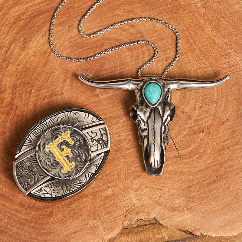 Initial Letter DIY Hidden Knife Buckle Turquoise Bull Pendant Bundle Set - F - Without Belt - image 12