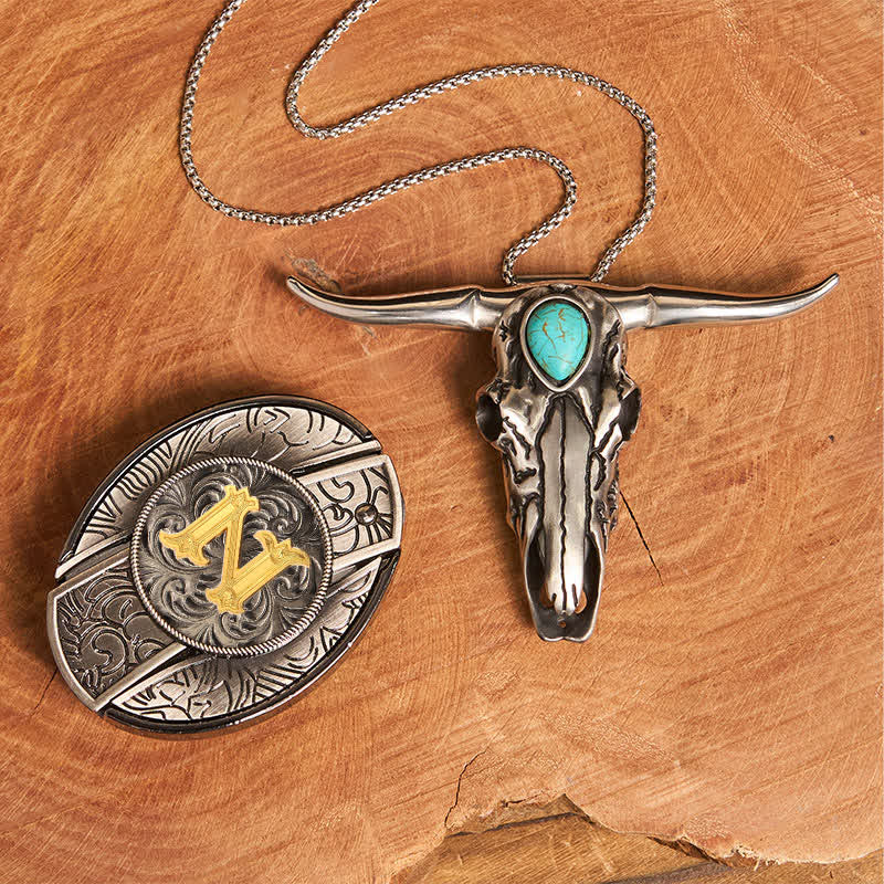 Initial Letter DIY Hidden Knife Buckle Turquoise Bull Pendant Bundle Set - Z - Without Belt - image 32