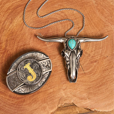 Initial Letter DIY Hidden Knife Buckle Turquoise Bull Pendant Bundle Set - J - Without Belt - image 16