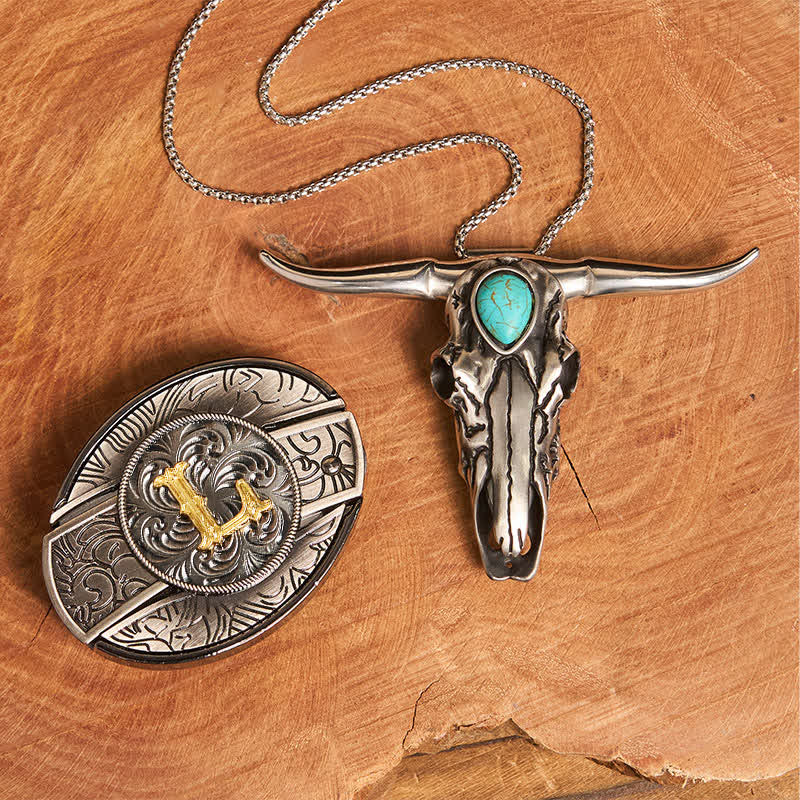 Initial Letter DIY Hidden Knife Buckle Turquoise Bull Pendant Bundle Set - L - Without Belt - image 18