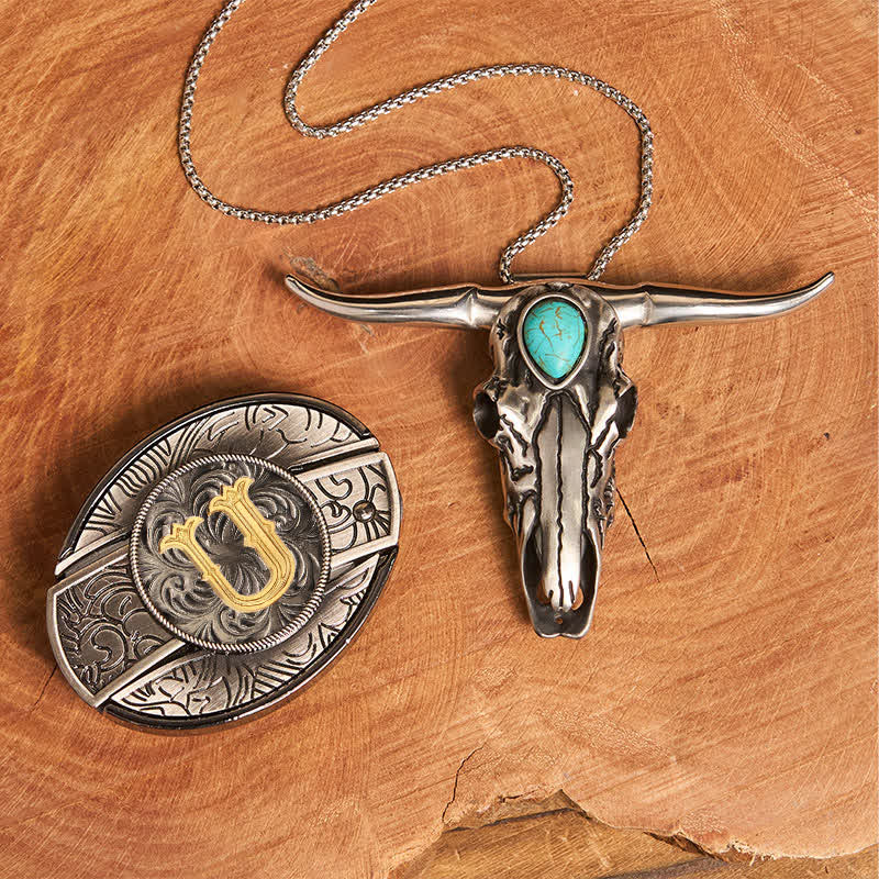 Initial Letter DIY Hidden Knife Buckle Turquoise Bull Pendant Bundle Set - U - Without Belt - image 27