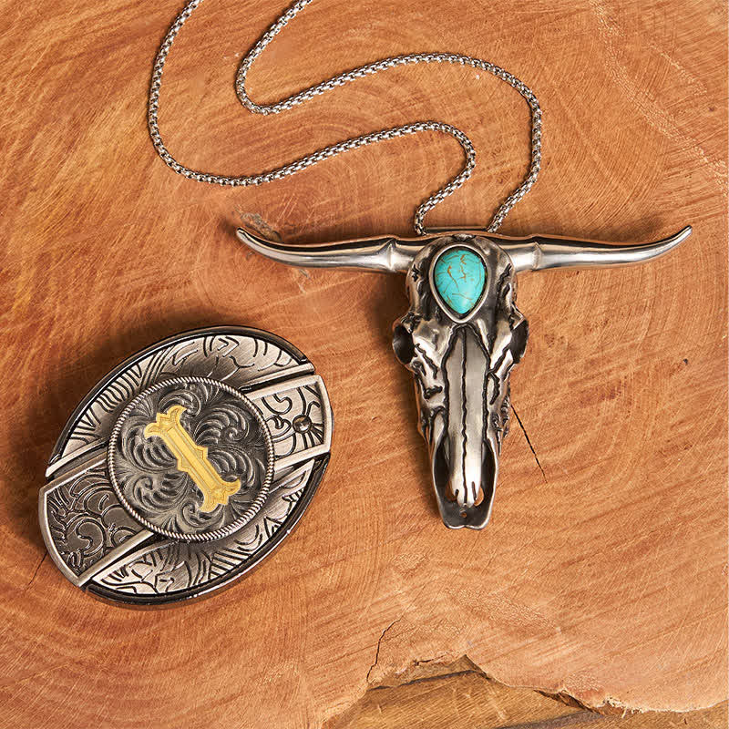 Initial Letter DIY Hidden Knife Buckle Turquoise Bull Pendant Bundle Set - I - Without Belt - image 15