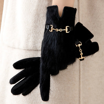 Women's Artificial Rabbit Fur Suede Patchwork Leather Gloves - image 7