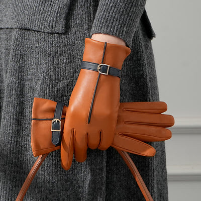 Women's Contrast Color Genuine Sheepskin Leather Gloves - Brown - L - image 5