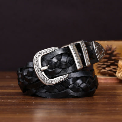 Rustic Charm Handwoven Braided Casual Leather Belt - Black - 38 - image 5